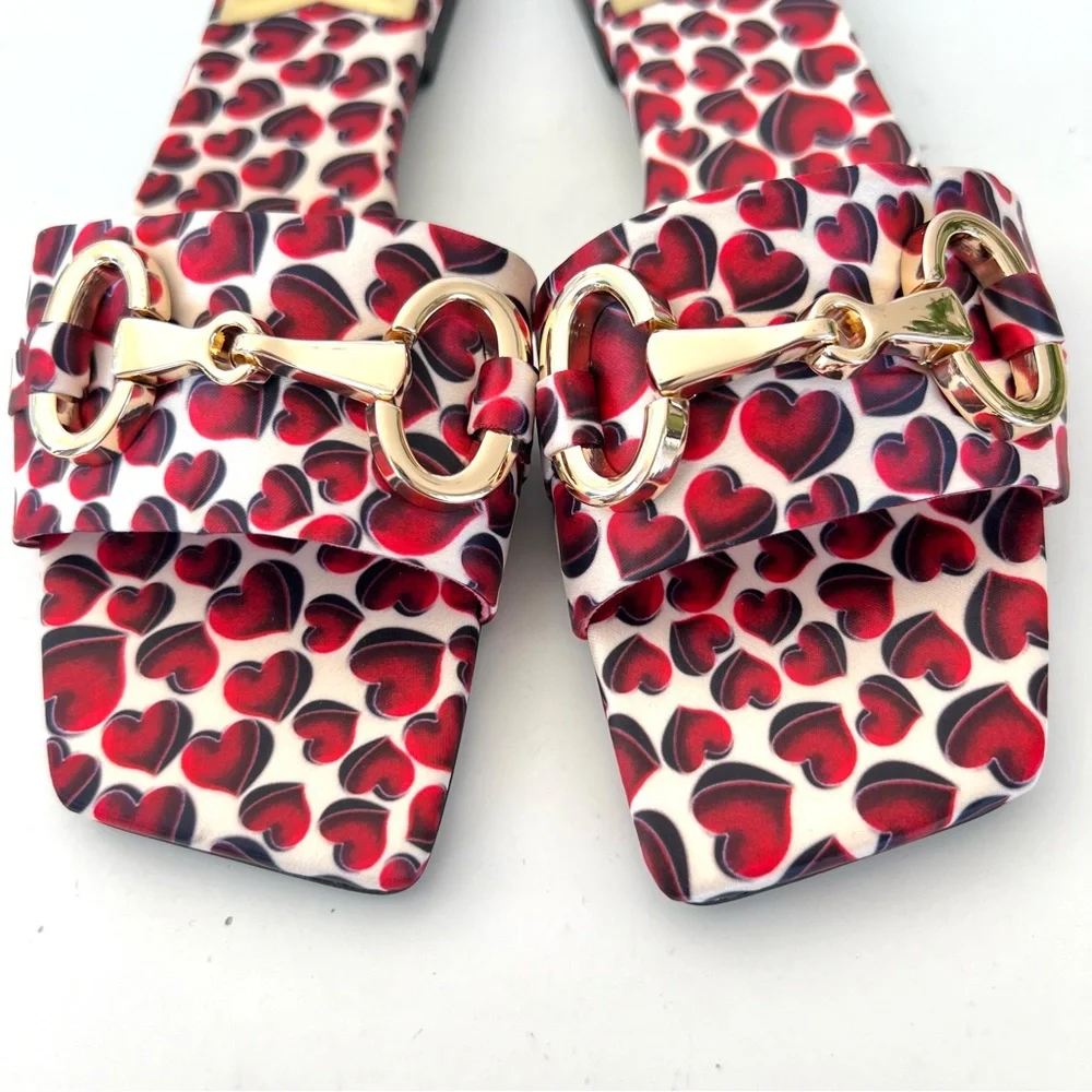 JEFFREY CAMPBELL Chantria Red Hearts Gold Buckle Flats Slides Sandals Sz 8 NWOB - Picture 9 of 11